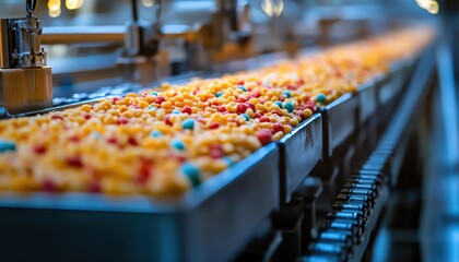 Cereal boxes moving on assembly line topdown colorful packaging food manufacturing