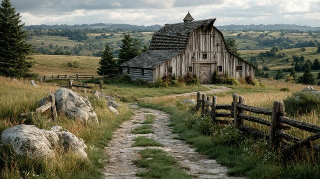 Serene Countryside Scene with Rustic Barn and Rolling Hills Ideal for Nature Farming and Rur