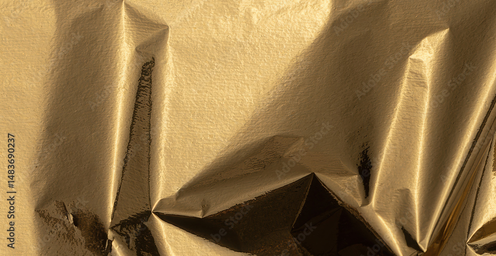 Poster royal golden and brass foil texture with a pearlescent, glossy finish. wrinkled folds creating a