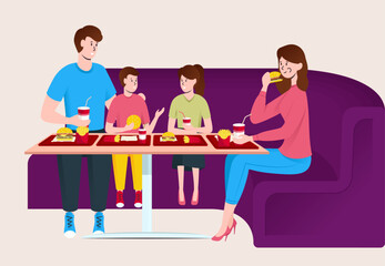 Fototapeta premium Cartoon Color Characters People Family Eating Fast Food Concept Flat Design Style. Vector illustration of Spends Time Together