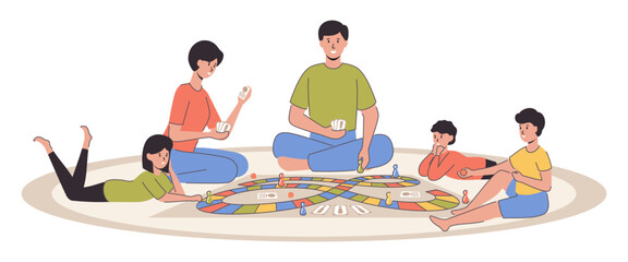 Cartoon Color Characters Family Together Playing Game Concept Flat Design Style. Vector illustration of Hobby Gaming