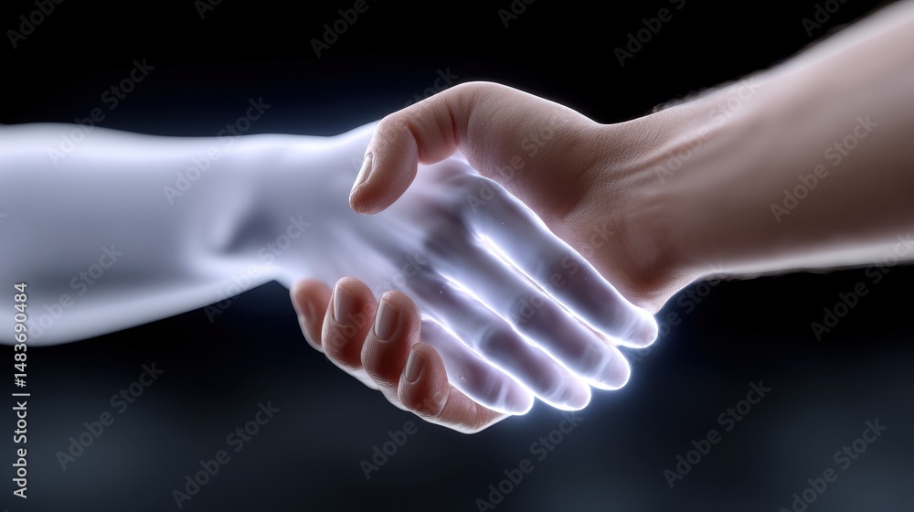 Aufkleber human and robotic hands intertwine in a handshake, glowing softly against a dark background. the ima
