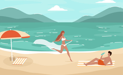 Cartoon Color Characters Couple on Seashore Concept Beach Landscape Scene Flat Design Style. Vector illustration of Romantic Date