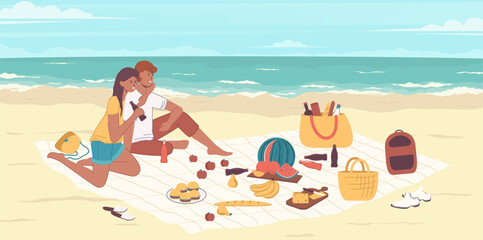 Cartoon Color Characters Couple Relaxing on Seashore Concept Flat Design Style. Vector illustration of Picnic Seaside