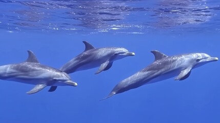 Fototapeta premium Pod of Three Dolphins Gracefully Swimming Together in Deep Blue Ocean Waters Exploration Aquatic Life