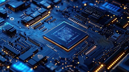 Obraz premium A close up shot of a blue and orange computer chip with intricate details and circuit patterns visible