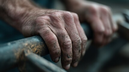 Fototapeta premium Weathered hands grip a rough, metal bar, showcasing the story of hard work etched in each line and grime-streaked crevice of the skin.