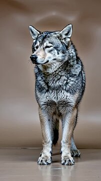 Loup imposant debout sur fond neutre en studio

