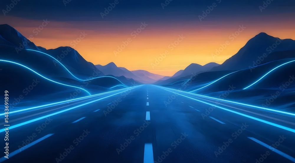 Aufkleber 青いピクセル化された道路が山脈と夕焼けの空を通り抜ける未来的な風景のデジタルアート