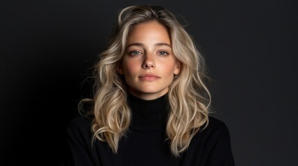 Fototapeta premium Portrait of a young woman with blonde, wavy hair, wearing a black turtleneck sweater against a dark background.