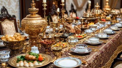 Fototapeta premium Opulent Royal Feast: A Lavish Table Setting of Exquisite Gold and Porcelain