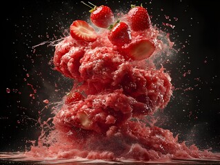 Strawberry explosion in motion, creative splash food concept

