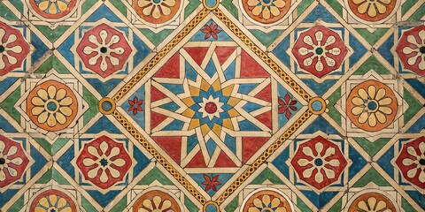 Intricate Colorful Geometric Tile Pattern with Floral Motifs and Starburst Designs