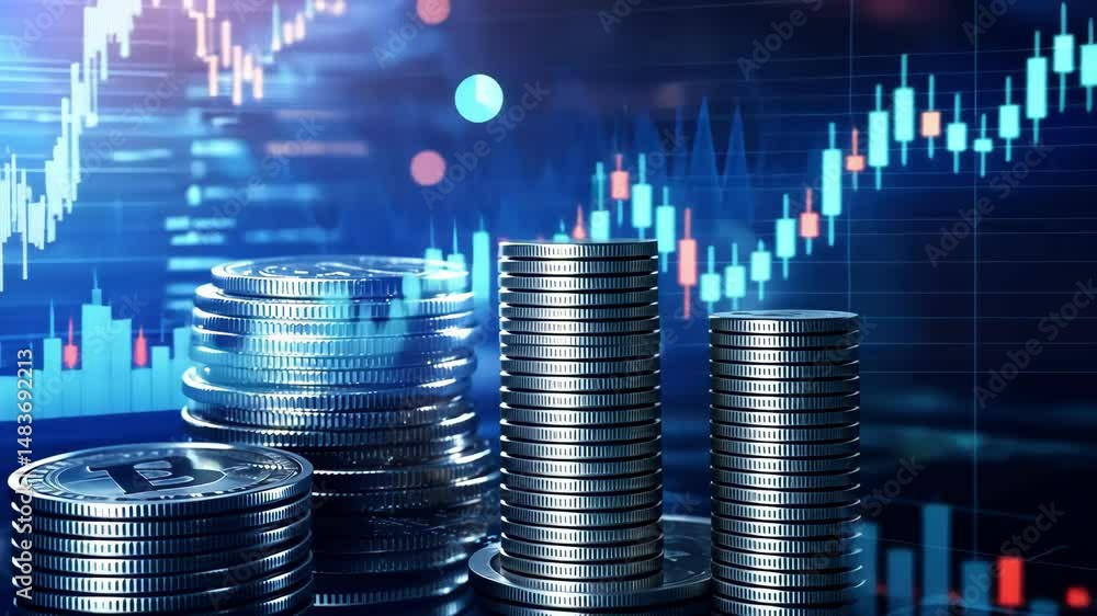 Poster stacks of coins on a reflective surface in front of stock market data chart background