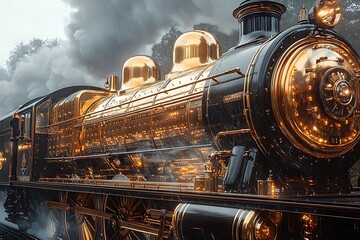 Vintage Steam Locomotive Mockup with Golden Accents and Swirling Steam in Foggy Atmospheric Setting &ndash; Classic Train Scene for Historical and Travel Branding

