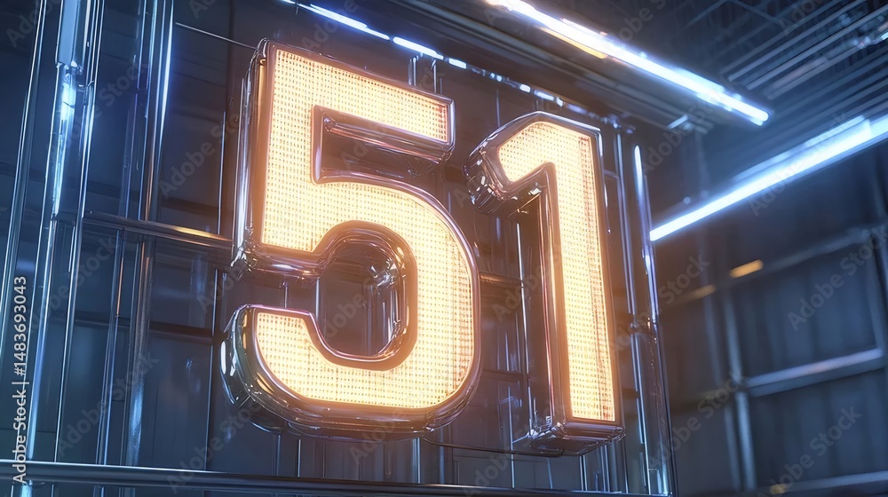 Poster 未来的なネオンサイン 輝く数字51が金属製の壁に映える抽象的な背景デザイン