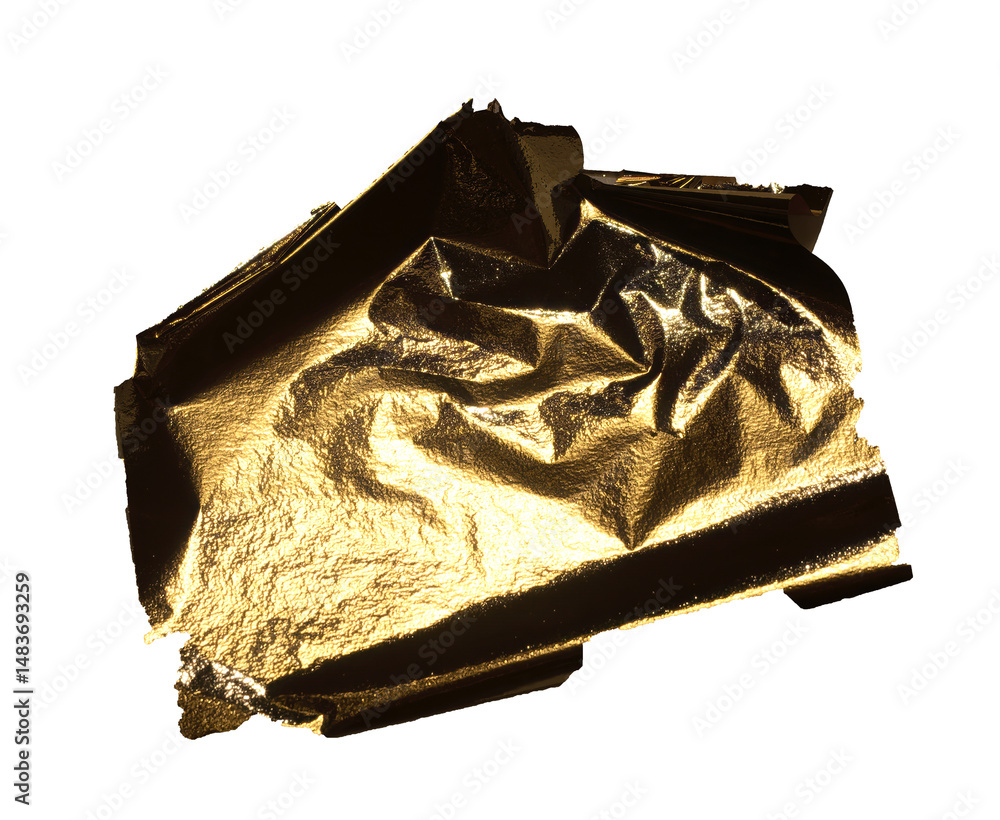 Aufkleber torn, rippled golden foil texture with a glossy, pearlescent finish. frayed, uneven edges creating a