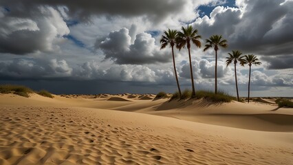 Fototapeta premium Dramatic desert landscape with palm trees under a stormy sky