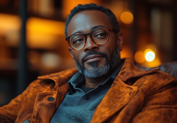 Cozy Lifestyle Mockup Featuring Person in Brown Suede Jacket and Blue Shirt with Warm Ambient Lighting &ndash; Relaxed Fashion and Interior Scene

