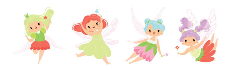Cute Fairy and Pixie Character with Wings and Magic Wand Vector Set