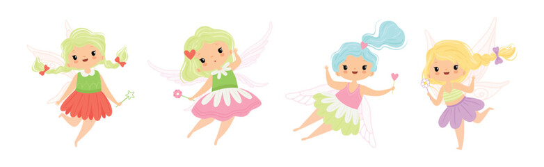 Cute Fairy and Pixie Character with Wings and Magic Wand Vector Set