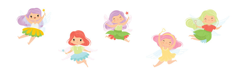 Cute Fairy and Pixie Character with Wings and Magic Wand Vector Set