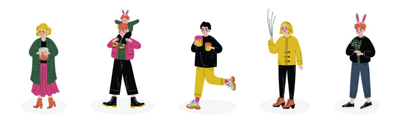 Kid Celebrate Easter Spring Season Holiday Vector Set