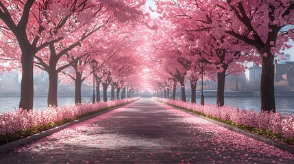 Naklejka premium Enchanting Cherry Blossom Lined Promenade by a River