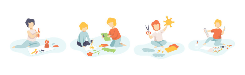 Kids Doing Creative Activity and Craft Vector Set