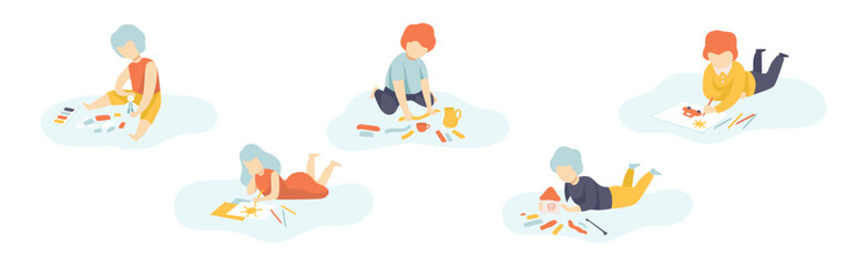 Kids Doing Creative Activity and Craft Vector Set