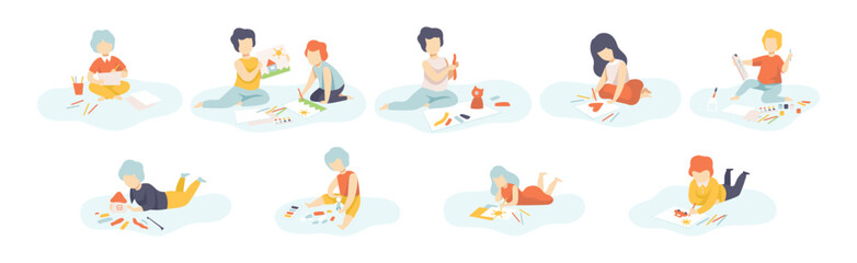 Kids Doing Creative Activity and Craft Vector Set