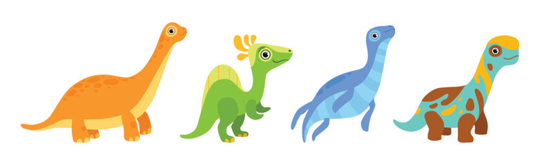 Funny Dinosaur Colorful Character with Cute Face Vector Set