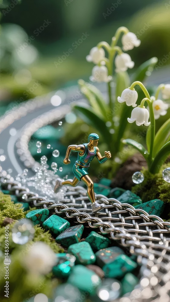 Aufkleber 緑豊かな背景にユリの谷の花でミニチュアの金のランナーとターコイズの宝石をフィーチャーした静かなランニングシーン