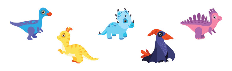Funny Dinosaur Colorful Character with Cute Face Vector Set