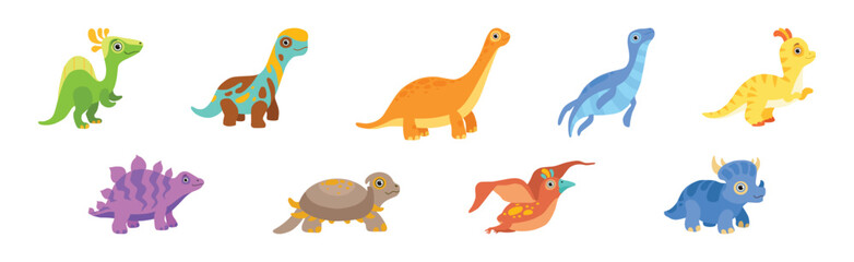 Funny Dinosaur Colorful Character with Cute Face Vector Set