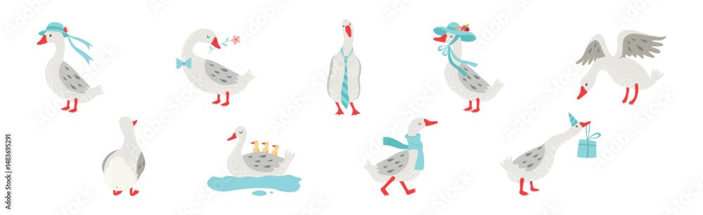 Poster grey goose character in different activity vector set