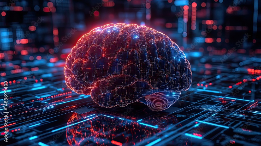 Poster a digital brain illuminated with red and blue lights resting on a circuit board background design