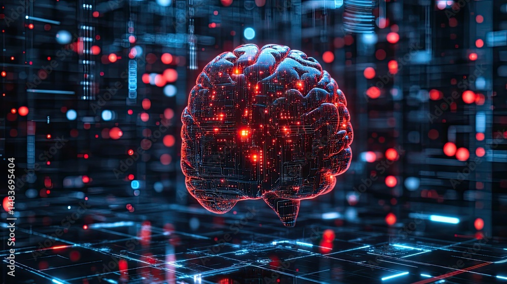 Aufkleber a digital brain illuminated with red lights floating above a blue circuit board background design