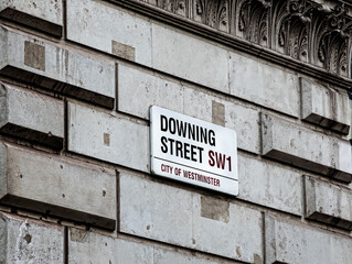 Downing Street Sign, Government Building in City of Westminster, London, England, UK