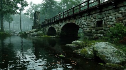 Fototapeta premium Misty forest river stone bridge