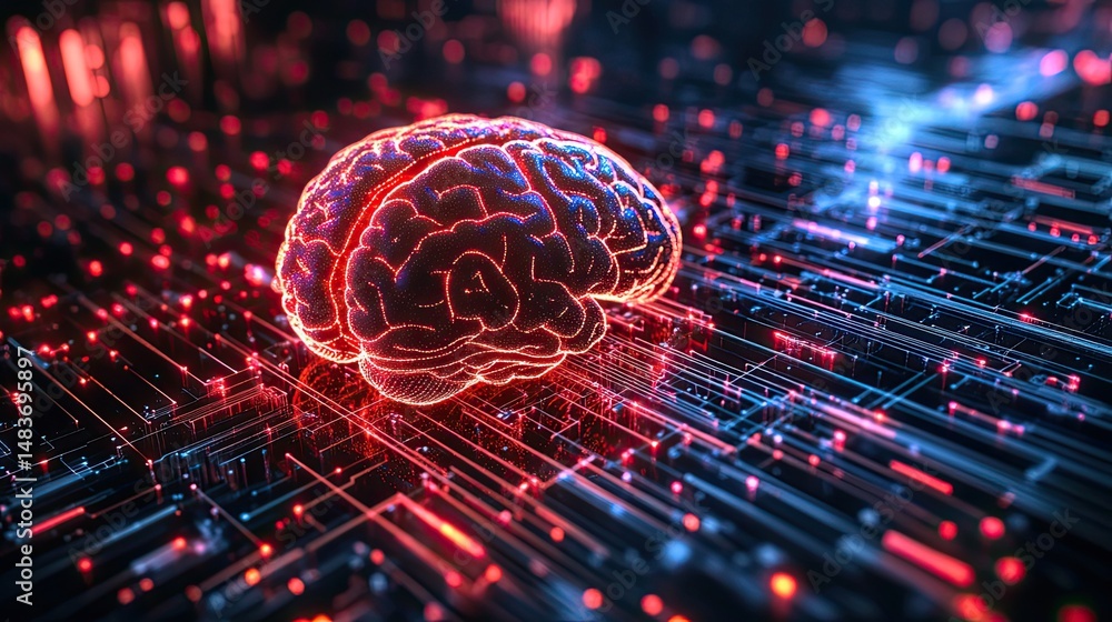 Poster glowing red brain outline on a circuit board with red and blue lights indicating connections and dat