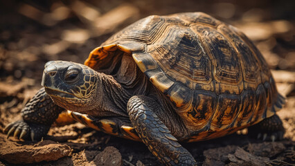 Obraz premium Desert Tortoise in Natural Habitat: Close-Up Wildlife Photography of Terrestrial Reptile on Sandy Ground