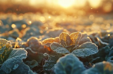 Fresh green cabbage leaves in a field touched by the first winter