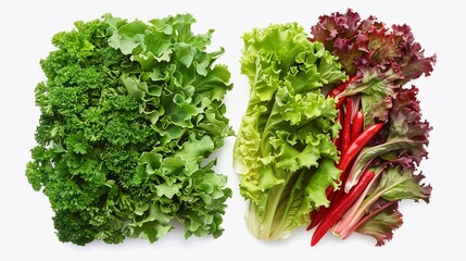 Obraz premium Fresh leafy greens arranged in a composition. Vibrant green and red leaves arranged aesthetically