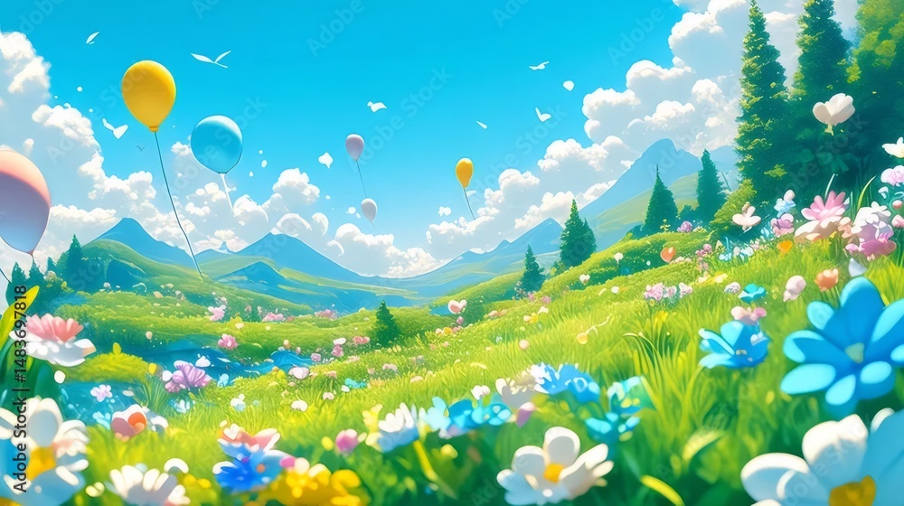 Aufkleber 色とりどりの花が咲き乱れる草原と山々と空の風景 美しい春の背景イラスト