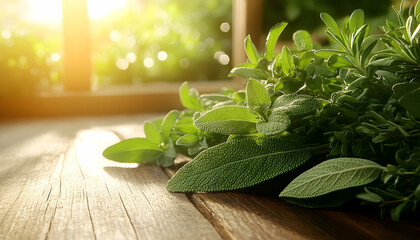 Sunlight on fresh herbs sage rosemary and thyme