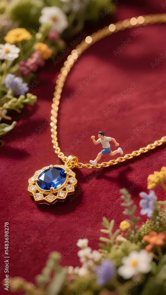 Aufkleber 赤い背景に青い宝石の金色のネックレスと小さな走る人物 春の花の装飾とのエレガントな組み合わせ