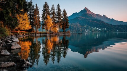 Naklejka premium Autumn lake reflection mountain landscape