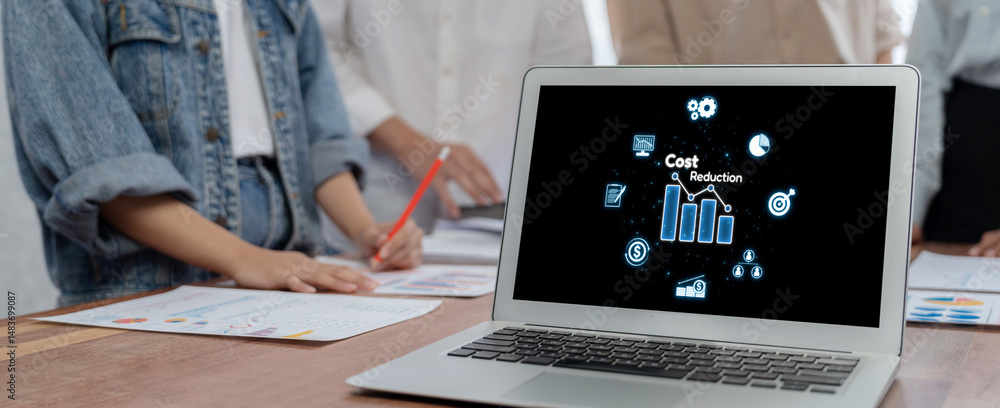 Poster Cost reduction, cost saving concept shown on computer screen brisk, corporate business efficiently save cost and company resources by reduction of unnecessary expenses
