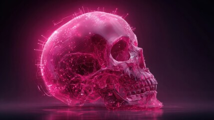Glowing digital skull in neon pink represents futuristic technology and art, offering a captivating aesthetic for modern design and creative projects